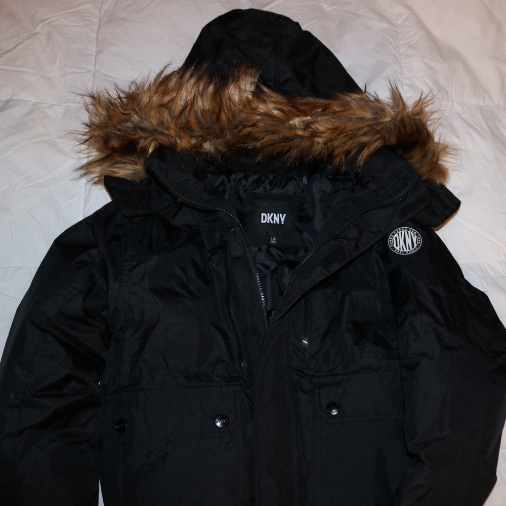 Black Hooded Jacket with Faux Fur Trim
